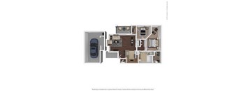A floor plan of a house with a garage and a car.