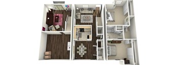 a 3d drawing of a floor plan with a bedroom and a living room