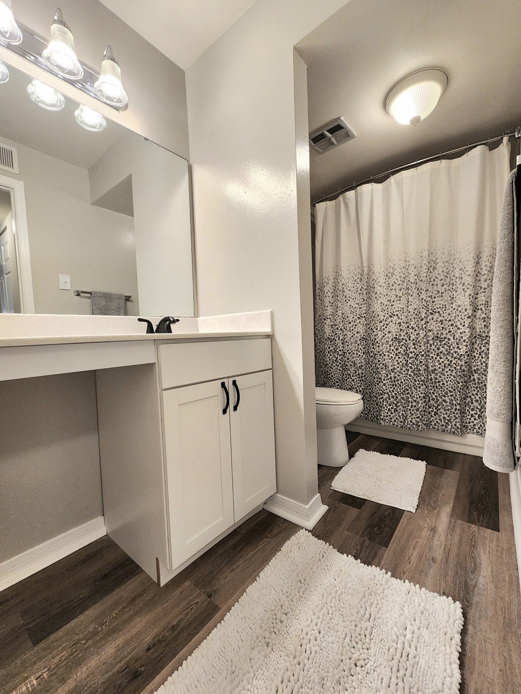 a bathroom with a shower and a sink and a toilet