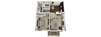 A 3D rendered image of a small apartment with a bedroom, living room, and kitchen.