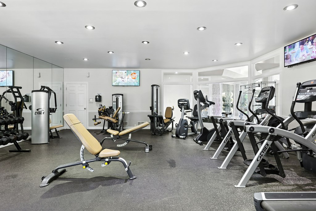 A gym with a variety of equipment including treadmills, weights, and exercise machines.