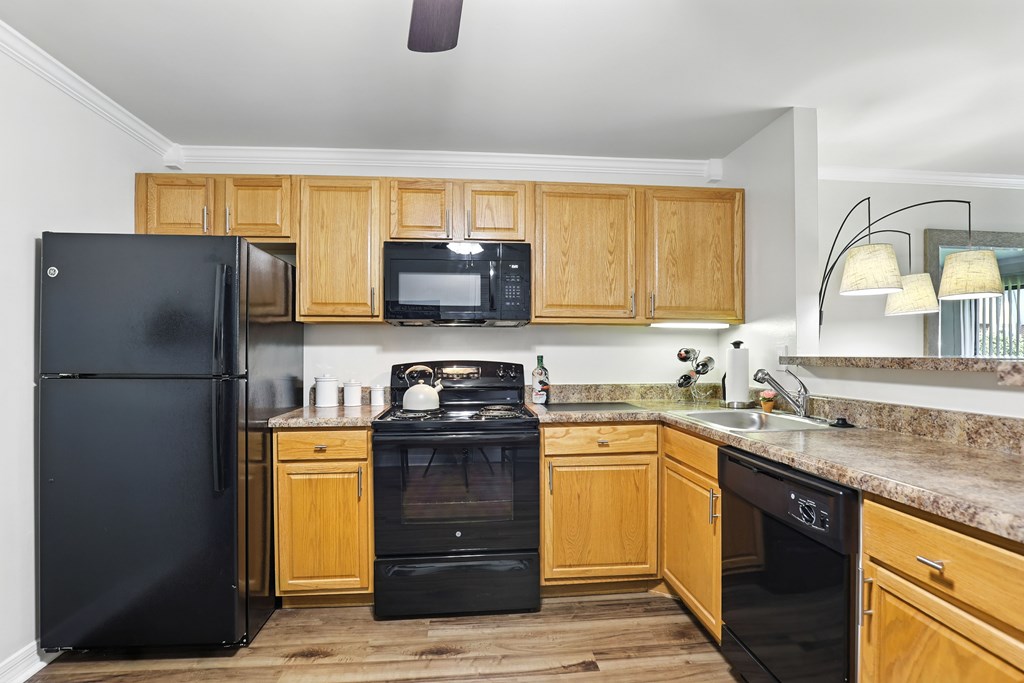 A kitchen with black appliances and wooden cabinets.
