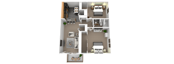 a floor plan of a two bedroom apartment with two beds and a balcony