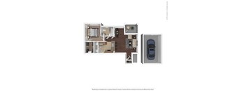 A floor plan of a house with a garage and a car.