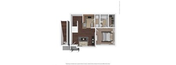 A 3D floor plan of a small apartment with a living room, kitchen, and bathroom.