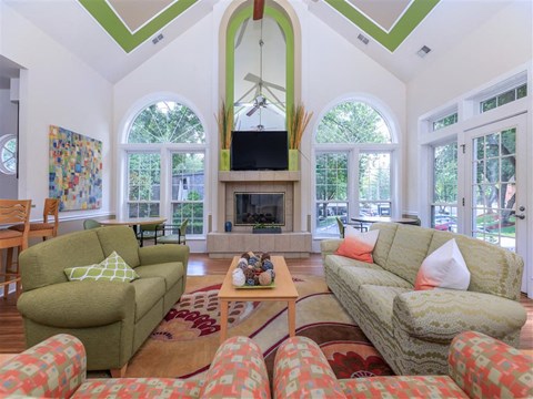 a living room with couches and a fireplace