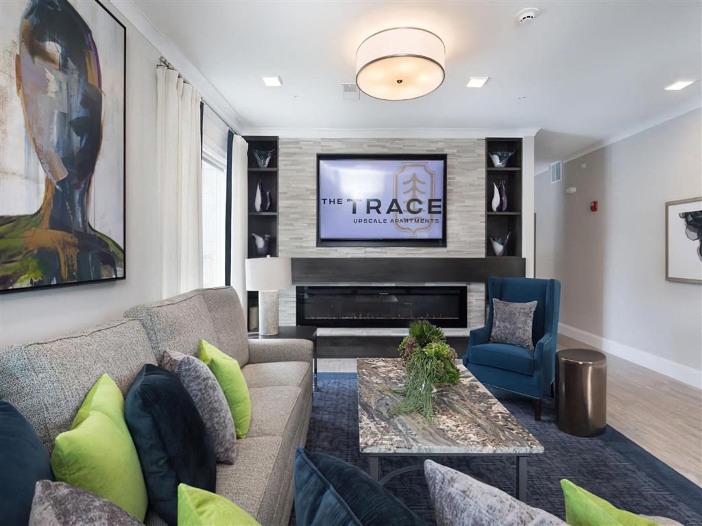 a living room with a couch and a television