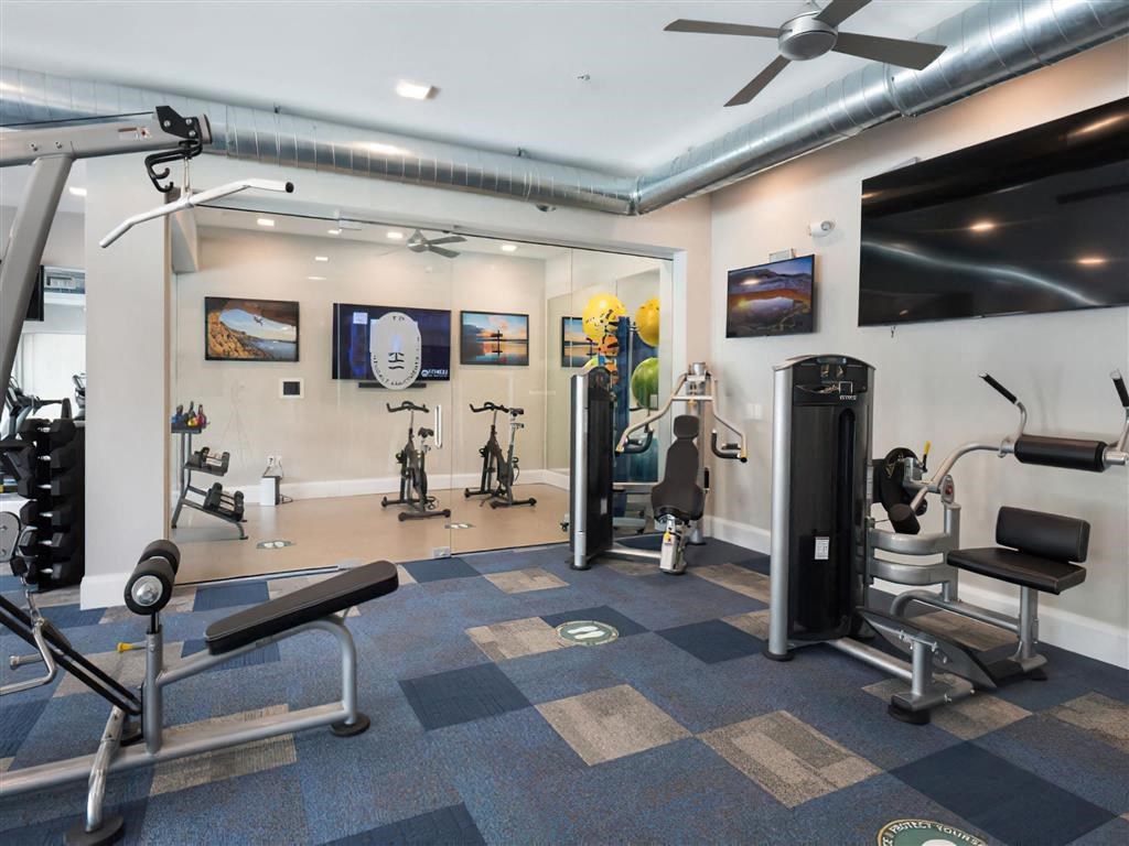 a gym with weights and cardio machines and a tv