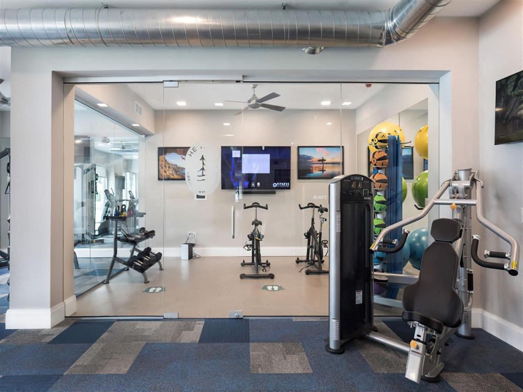 a gym with weights and a tv in a room with a glass door