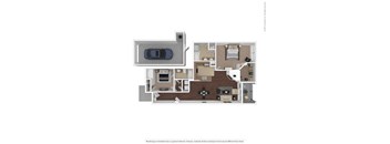 A 3D rendered image of a house layout.