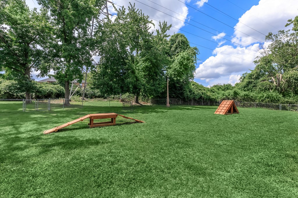 a backyard with a seesaw and a wooden structure in the grass