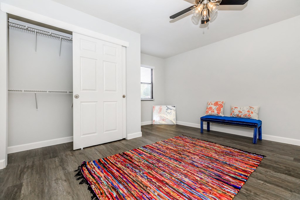 a living room with a ceiling fan and a colorful rug