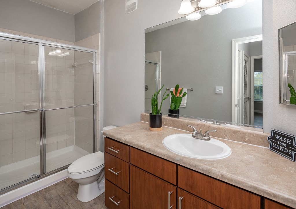 A bathroom with a toilet, sink, and mirror.