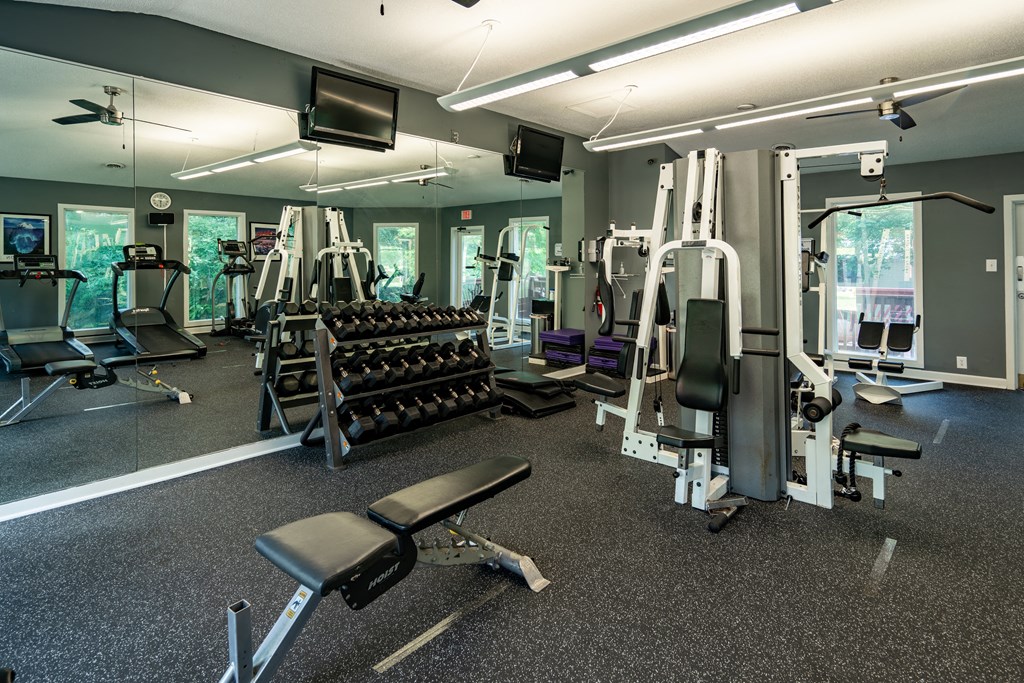 a gym with weights and cardio equipment in a building with green walls