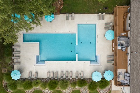 A large swimming pool surrounded by lounge chairs and umbrellas.
