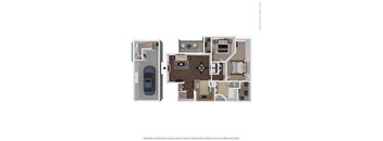 A floor plan of a house with a garage and a car.