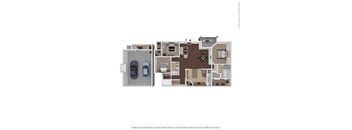 A floor plan of an apartment with two bedrooms, a living room, a kitchen, and a garage.