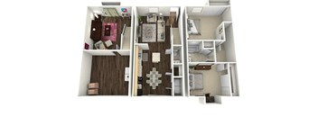 a 3d rendering of a floor plan with a bedroom and a living room