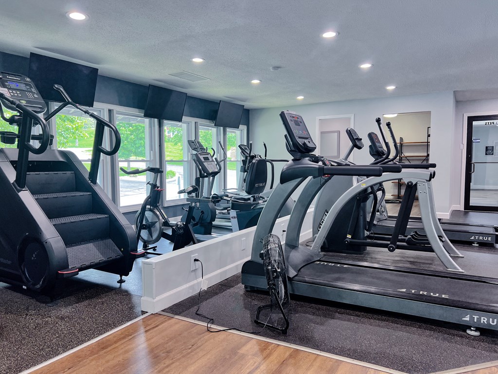 A gym with treadmills, elliptical machines, and a stair climber.