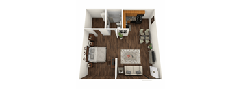 A 3D rendered image of a small apartment layout.