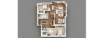 A detailed 3D floor plan of a house layout.