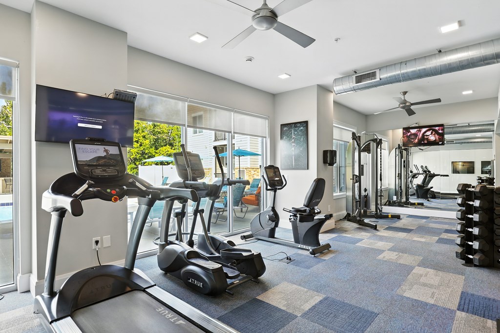A gym with a treadmill, weights, and exercise equipment.
