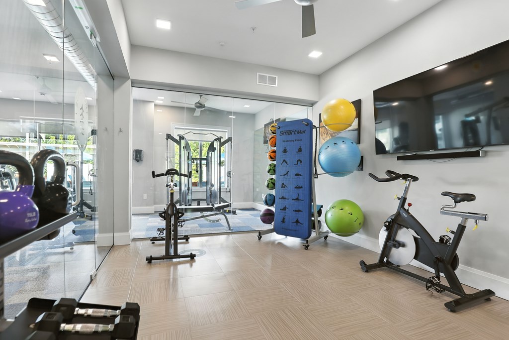 A gym with a variety of equipment including a stationary bike, a treadmill, and a rowing machine.