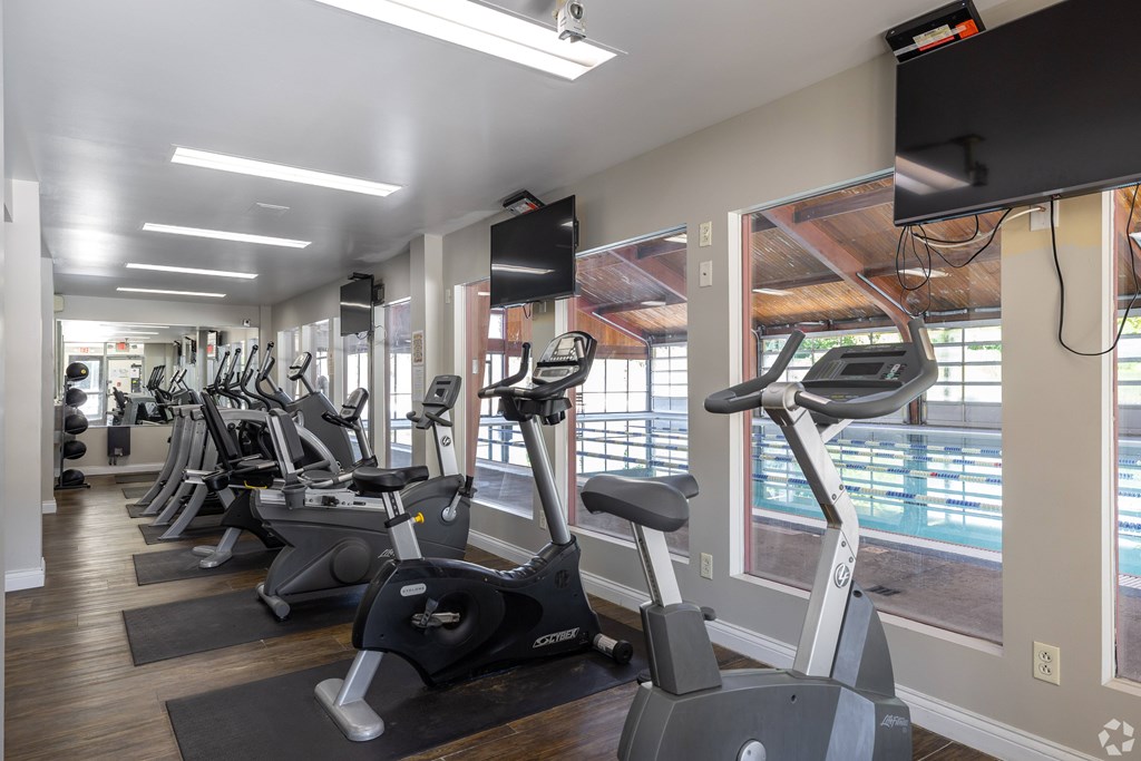 A gym with treadmills and exercise bikes.