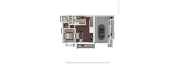 A top down view of a house with a car parked in the garage.