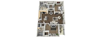 A 3D floor plan of a small apartment with a living room, kitchen, and bathroom.