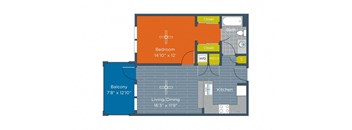 A floor plan of a home with a bedroom, bathroom, kitchen, living/dining area, and balcony.
