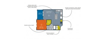 A floor plan of a house with a kitchen island, breakfast bar seating, and a full size washer and dryer included.