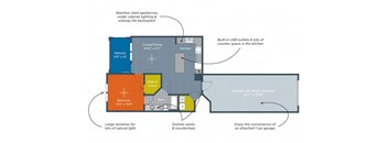 A floor plan of a house with a living area, kitchen, and bathroom.