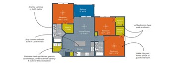 A floor plan of a house with a living room, kitchen, and bathrooms.