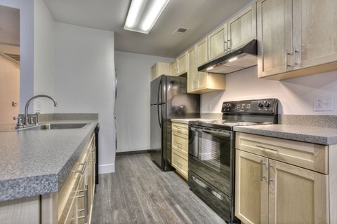 A kitchen with a black refrigerator and stove.