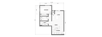 A floor plan of a house with a living room, dining room, kitchen, and bathroom.