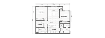 A floor plan of a house with two bedrooms, a living room, a dining room, a kitchen, a bathroom, and storage.