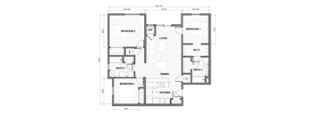 A floor plan of a house with three bedrooms, a living room, a dining room, a kitchen, and two bathrooms.