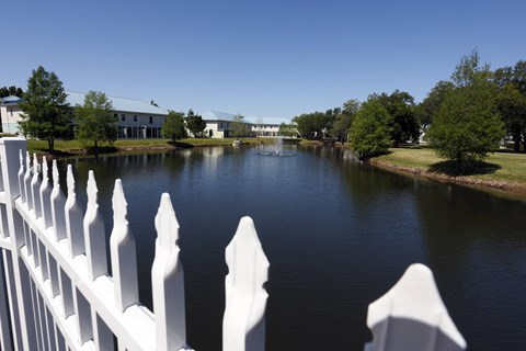 a view of a pond with a white fence around it