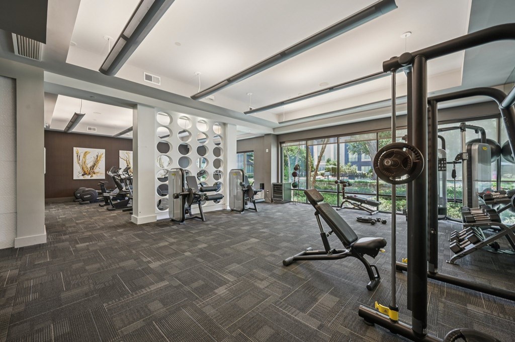 A gym with a variety of equipment including a squat rack and a bench at Everra Midtown Park Apartments, Dallas, TX