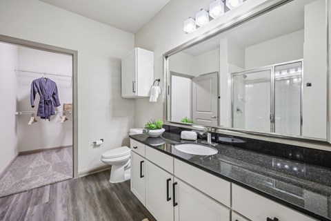 A bathroom with a toilet, sink, and mirror.