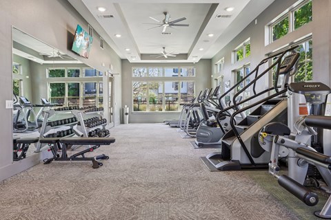 A gym with treadmills, elliptical machines, and other exercise equipment.