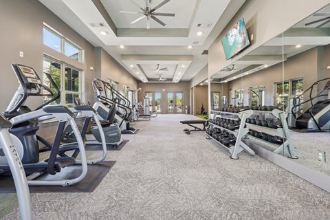 A spacious gym with treadmills, elliptical machines, and a ceiling fan.