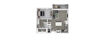 A top-down view of a small apartment with a kitchen, living room, and bedroom.