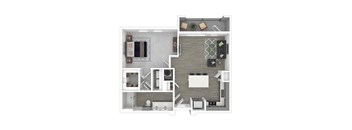 A top-down view of a modern apartment layout with a kitchen, living room, and bathroom.