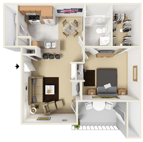 1 bed 1 bath A2 Floor Plan at Highland Luxury Living, Lewisville, TX, 75067
