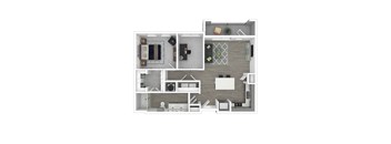 A top-down view of a small apartment layout with a kitchen, living room, and bathroom.