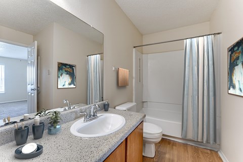 A bathroom with a sink, mirror, toilet, and shower.