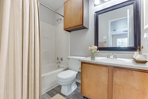 A bathroom with a toilet, sink, and shower.