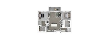 A 3D floor plan of a house with a living room, kitchen, and bedrooms.